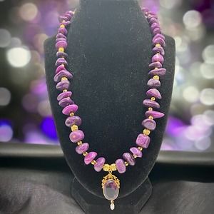 Purple Crystal Pendant Resin Stone Chips & Gold-Tone Filigree Beaded Necklace!